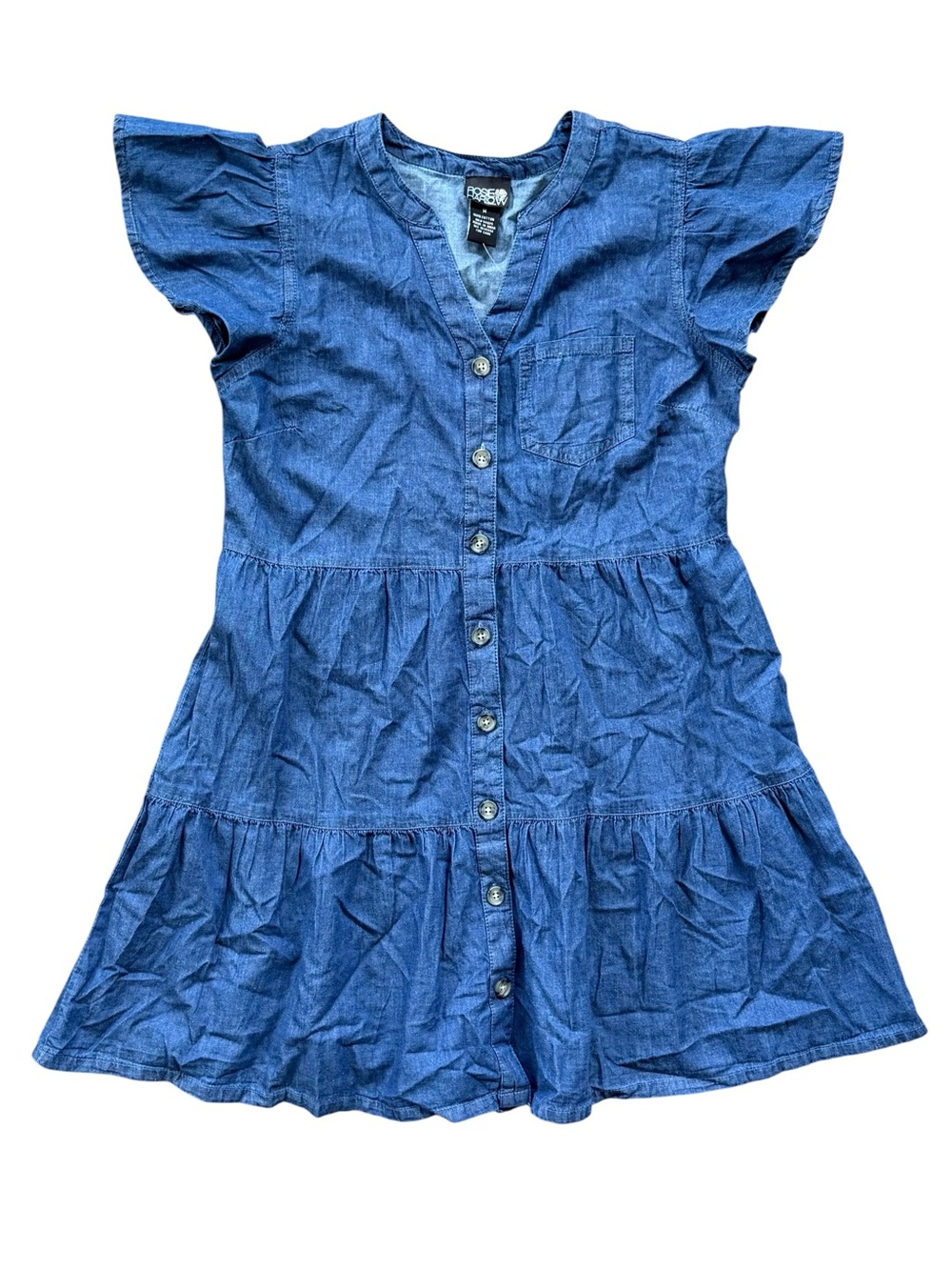 Rosie Harlow Blue Chambray Denim Button-Front Flutter Sleeve Mini Dress Size M